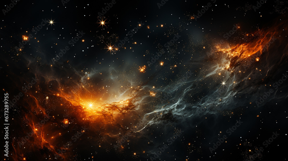 A backdrop of deep space and cosmic nebulas.