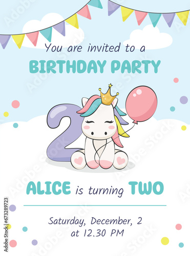  Birthday party invitation card with cute pony, balloon and number two. Vector illustration