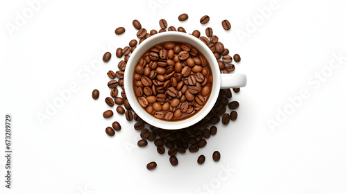  Top view of coffee in white mug isolated on white background.