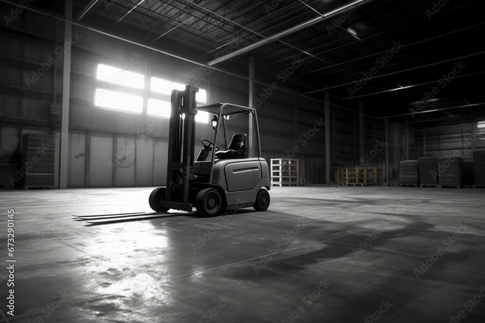 Empty forklift in warehouse. Generative AI