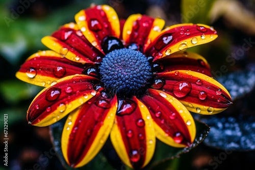 Vibrant flower with water droplets: red, yellow, & blue petals surrounding a black center. Generative AI