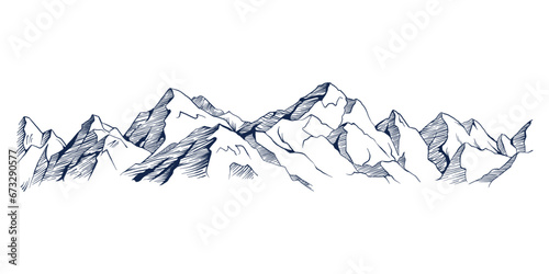 Hand drawn sketch of hiking or climbing on mountain. Nature highlands drawing, mountains landscape engraving. Vector isolated illustration