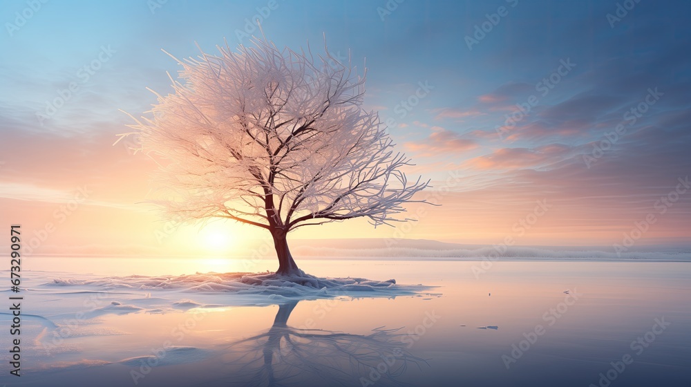 A lone tree with ice-glazed branches overlooks a tranquil lake at dawn, with soft pastel skies. A lone tree with ice-glazed branches overlooks a tranquil lake at dawn, with soft pastel skies.