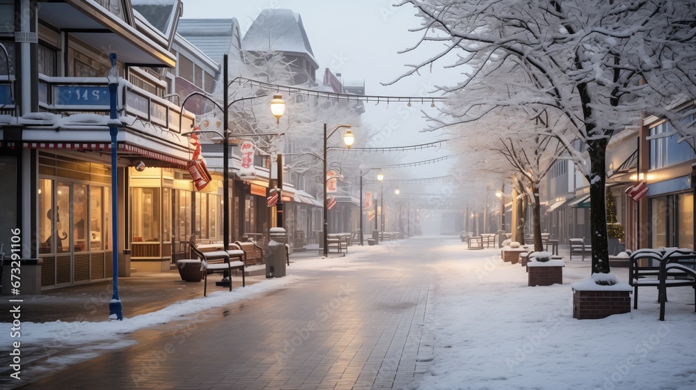 A tranquil snow-covered street lined with shops and illuminated by warm streetlights, evoking a peaceful winter evening.