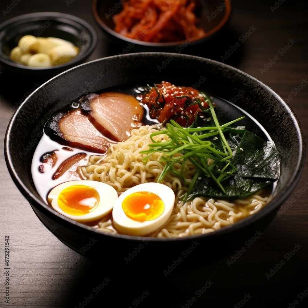 Ramen. Japanese ramen noodle soup in black bowl, Generative AI