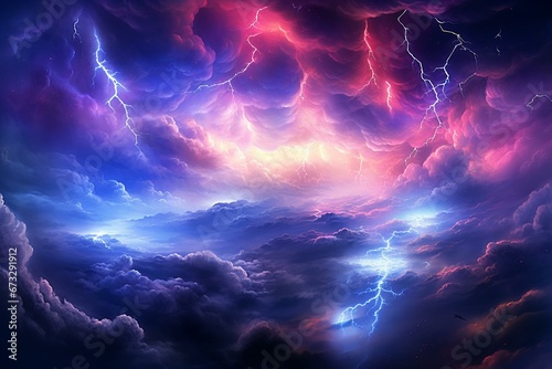 Vibrant lightning illuminates an enchanting sky scattered with fluffy clouds. Generative AI