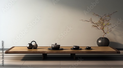 A minimalist Japanese low dining table, set with traditional dishes, bowls, and chopsticks, against a tatami mat floor.