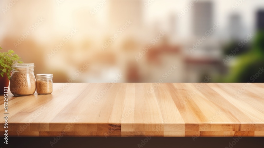 Wood table top on blur kitchen counter background Wood table top on blur kitchen counter background