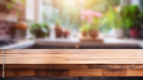 Wood table top on blur kitchen counter background
