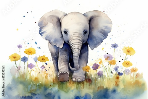 Watercolor painting of a cute baby elephant on a blooming meadow. Baby elephant. Aquarelle illustration, Generative AI