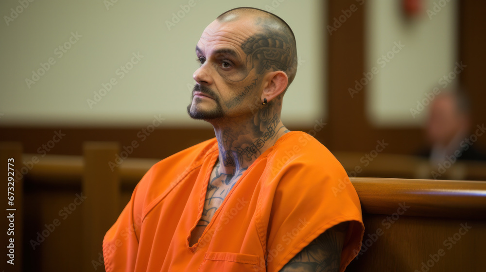 Fototapeta premium Court of Law and Justice Trial Proceedings Portrait of Accused Male Criminal in Orange Jumpsuit Giving Testimony to Judge, Jury. Speech of Law Offender Denying Charges, Pleading, Asking for Pardon.