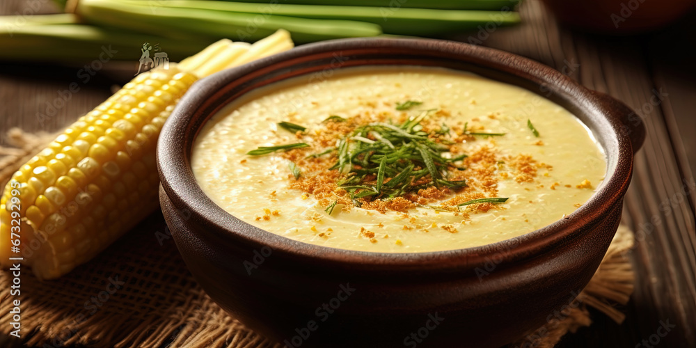 Delicious Creamy Corn Soup Served In Bowl on Wooden Table on Selective Focus Background