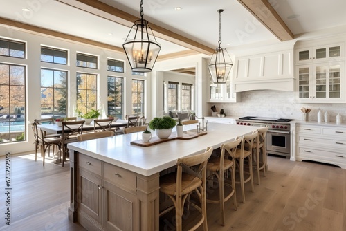 Traditional kitchen in a luxury home luxury chandeliers and large windows