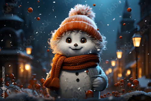cute cheerfully snowman with orange hat and orange scarf stand in the street which is decorated with golden lamp, snow is falling  cold season Cute Christmas background