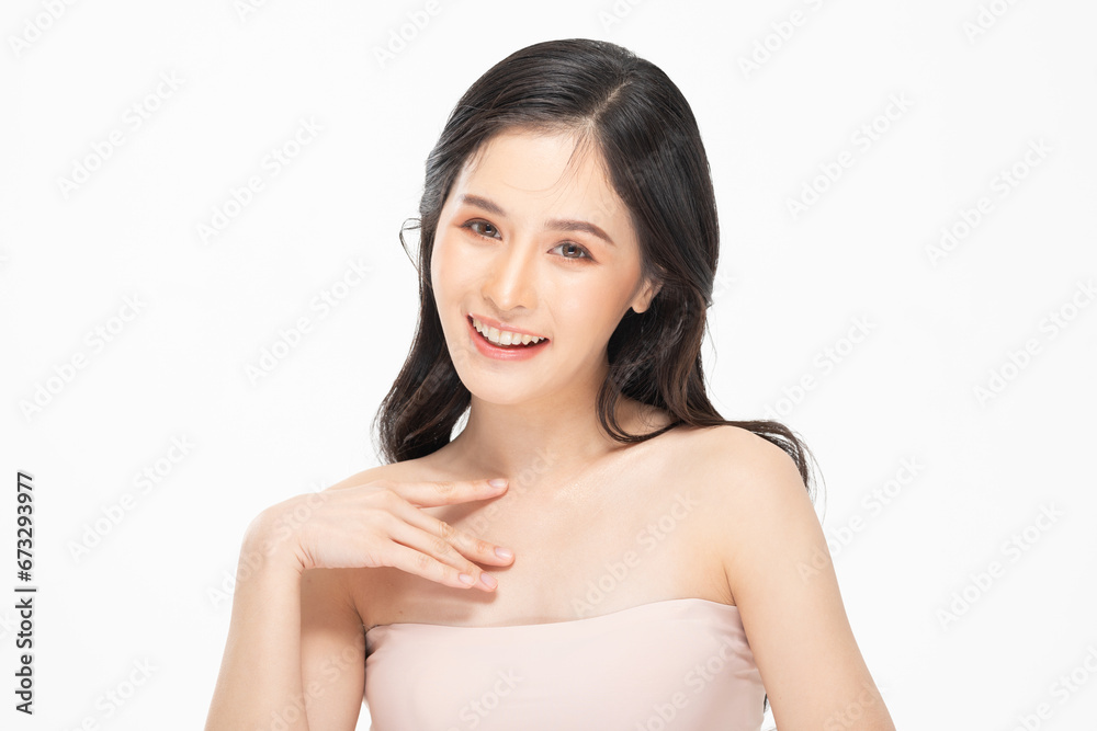 Beautiful Asian young woman touching soft cheek smile with clean fresh skin Happiness and cheerful with positive emotional,isolated on white background,Beauty Cosmetics and Facial treatment Concept Beautiful Asian young woman touching soft cheek smile with clean fresh skin Happiness and cheerful with positive emotional,isolated on white background,Beauty Cosmetics and Facial treatment Concept
