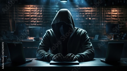 Cybercriminal in a hood hacking data in a dark setting.