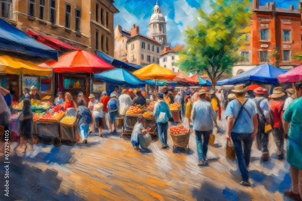 A bustling market square with vendors and shoppers