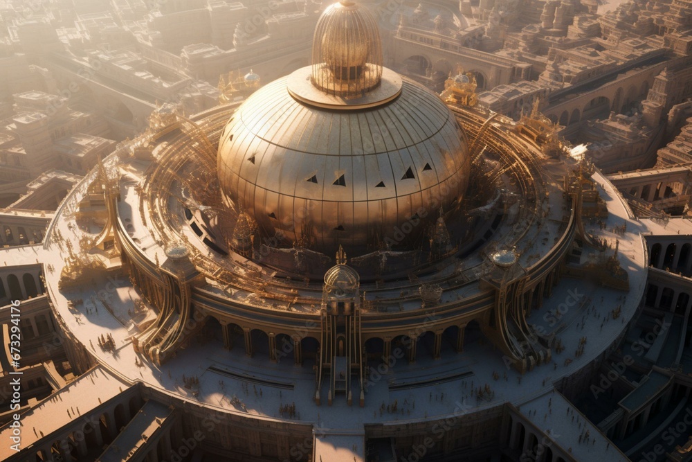 An above view of a massive structure featuring a dome. Generative AI
