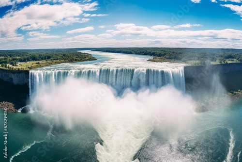 Stunning aerial panorama, bright day view of Niagara Falls waterfall, with beautiful natural background. Generative AI