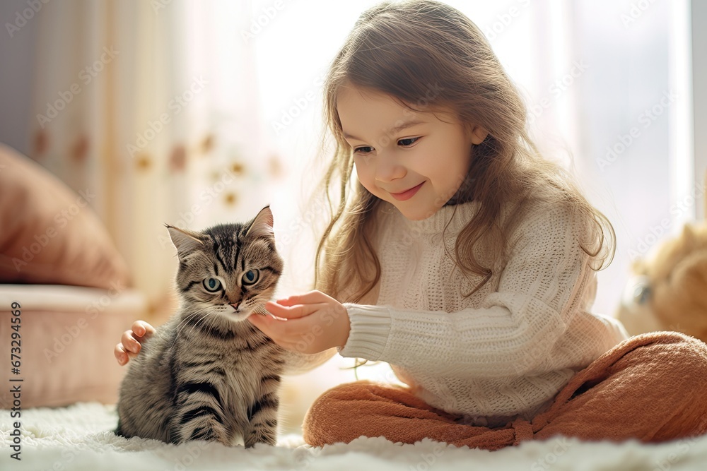 child playing with cat