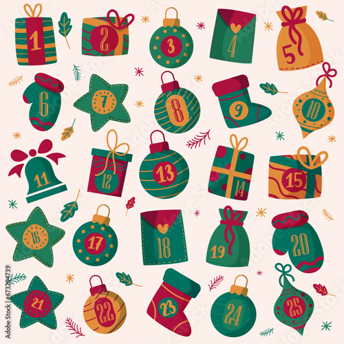 Calendrier de l'avent - Illustrations numérotées éditables pour préparer Noël - Calendrier illustré - Éléments de Noël - Fêtes de fin d'année - Numéros de 1 à 25 - Cadeaux et boules de Noël 