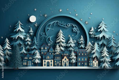 An artistic and serene winter night village scene depicted in detailed paper cut-out style, perfect for evoking the quiet beauty of the season.