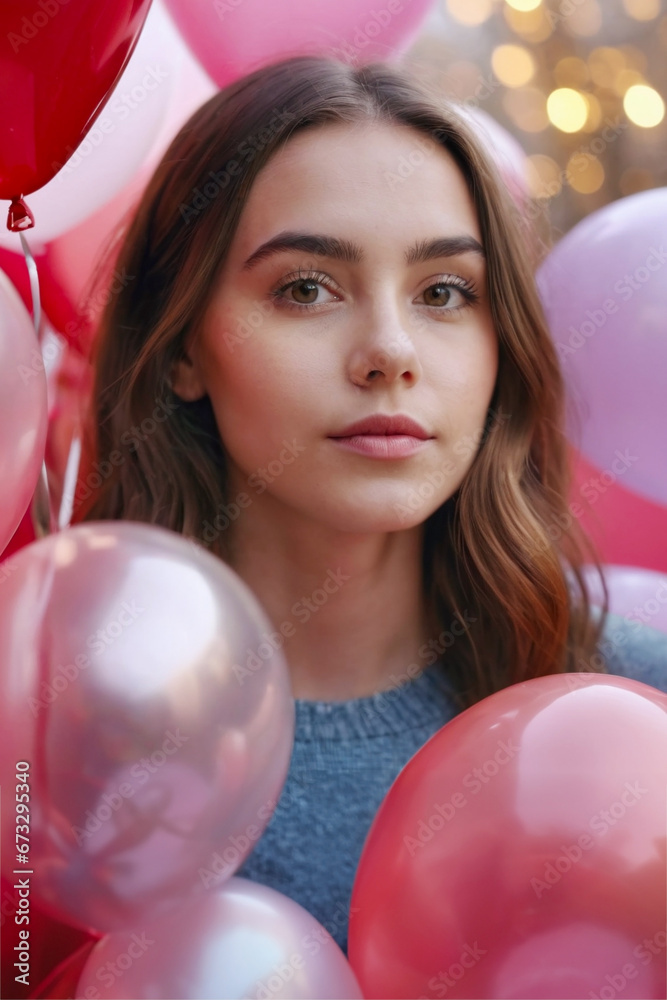young woman wearing a blue sweater with red and pink balloons, Valentine's Day, birthday, celebration young woman wearing a blue sweater with red and pink balloons, Valentine's Day, birthday, celebration