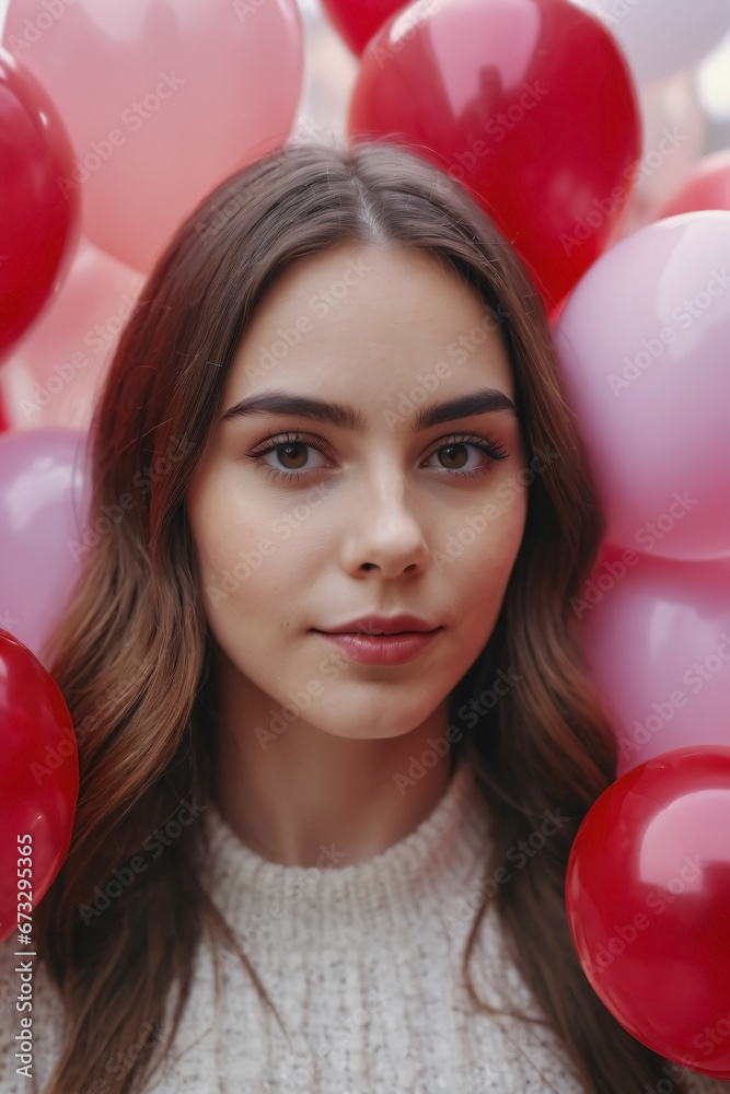 portrait of a young woman with balloons, celebration, Valentine's Day portrait of a young woman with balloons, celebration, Valentine's Day