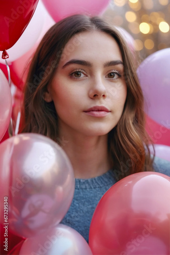young woman wearing a blue sweater with red and pink balloons, Valentine's Day, birthday, celebration