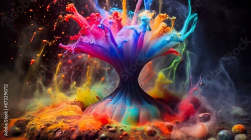 magic psychedelic mushrooms in colorful glow, explosion of colors, psilo shrooms concept background