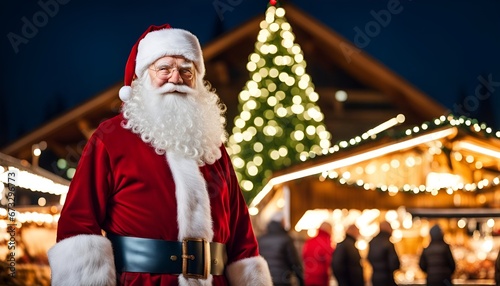 papa noel à gauche devant le marché de Noel photo
