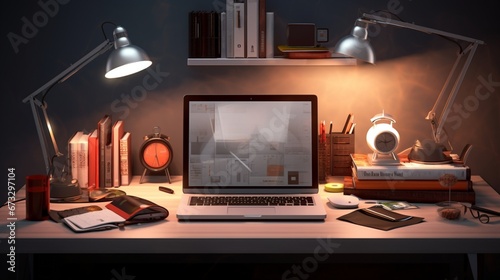 A modern workstation table, organized with tech gadgets, a lamp, and stationery, highlighting efficiency and design.