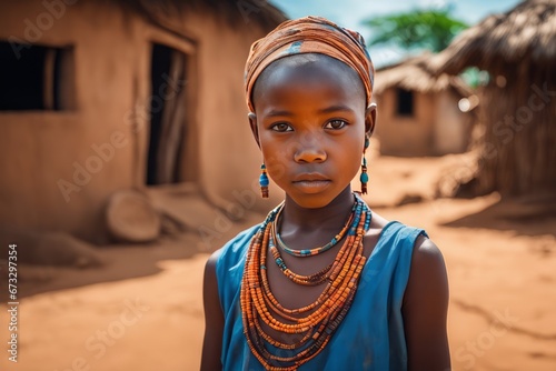 portrait of beautiful girl in traditional dress with blue scarf on her head, standing in the village in the village of ethiopia, africa. african tribe portrait of beautiful girl in traditional dress w