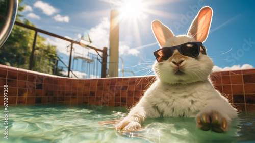 A cute white rabbit wearing sunglasses and sitting in a hot tub photo