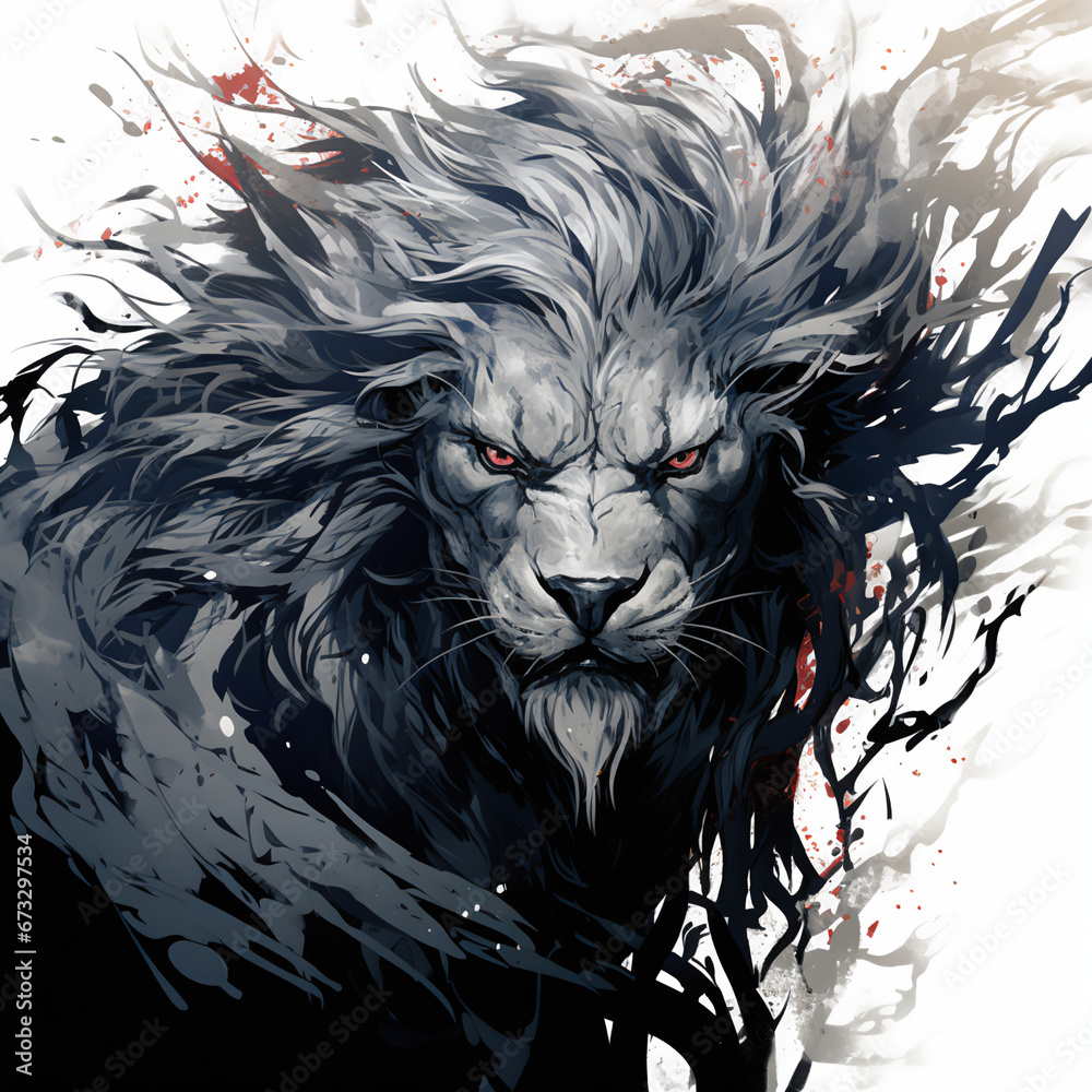 Mysterious Black Ink Manga Illustration of a Lion with High Contrast