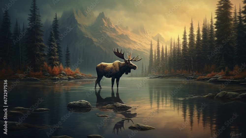 A moose wading through a still lake, its antlers reflecting on the water. - obrazy, fototapety, plakaty 
