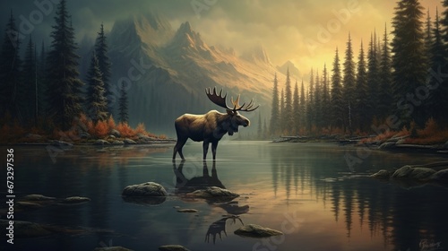 A moose wading through a still lake, its antlers reflecting on the water.