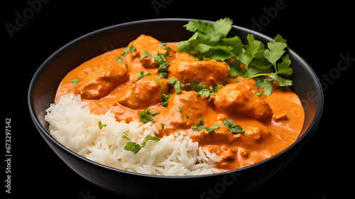Chicken curry with rice isolated on minimalist background. Chicken masala, chicken curry, butter chicken.