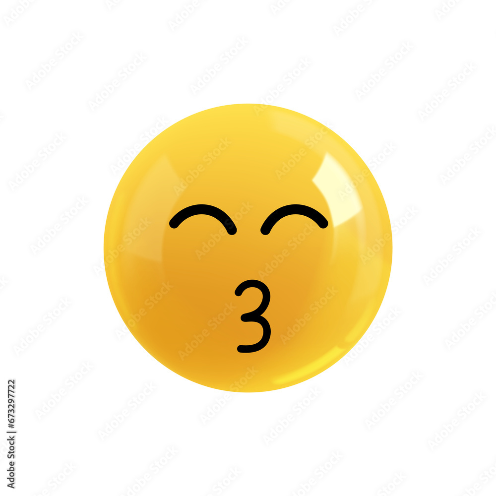 Fototapeta premium Emoji face kiss. Realistic 3d design. Emoticon yellow glossy color. Icon in plastic cartoon style isolated on white background. PNG