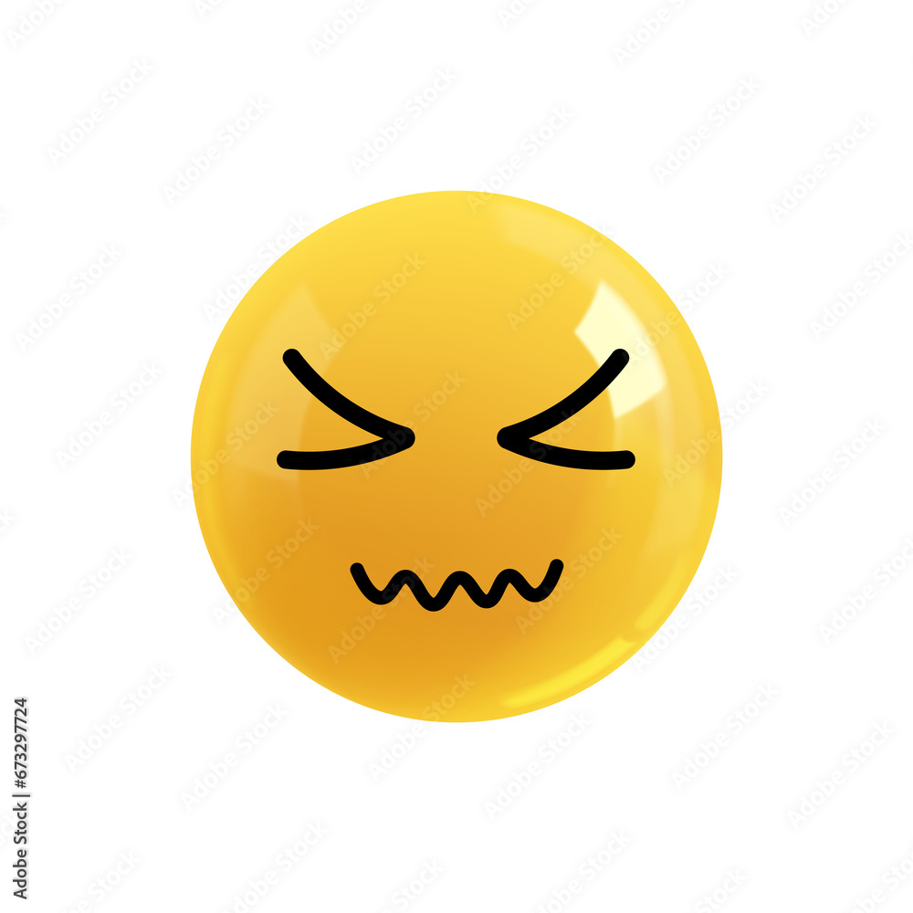 Emoji face eyes closed dissatisfaction. Emotion Realistic 3d Render. Icon Smile Emoji. PNG yellow glossy emoticons.