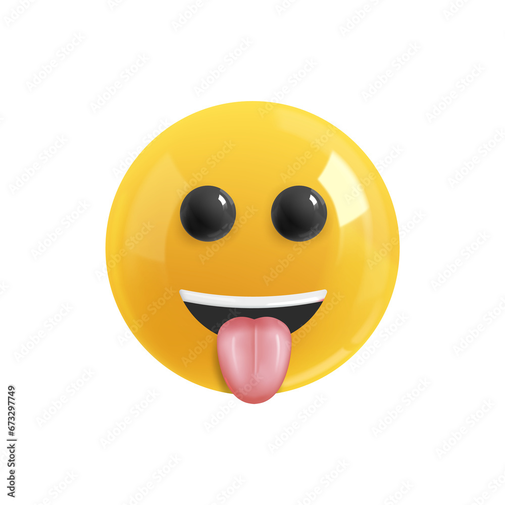 Emoji face funny shows tongue. Realistic 3d Icon. Render of yellow glossy color emoji in plastic cartoon style isolated on white background. EPS Emoji face funny shows tongue. Realistic 3d Icon. Render of yellow glossy color emoji in plastic cartoon style isolated on white background. EPS