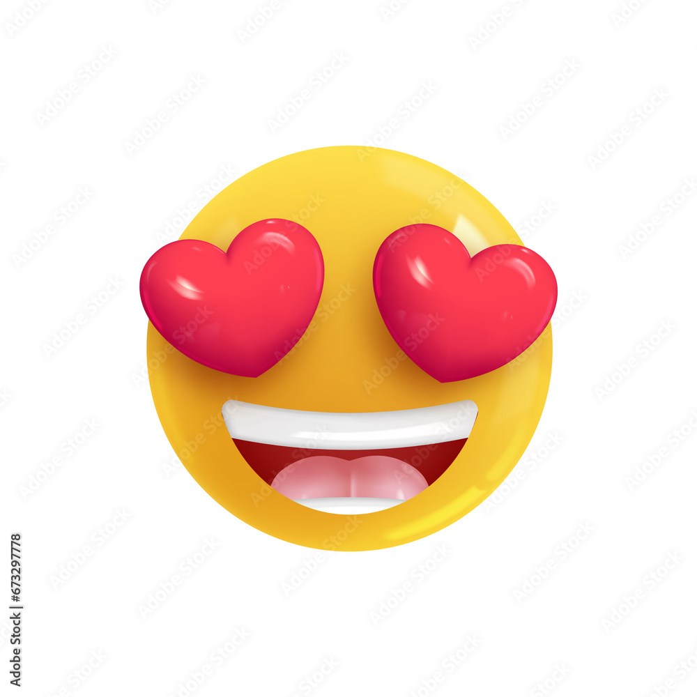 Emoji face lover with hearts in his eyes. Realistic 3d design. Emoticon yellow glossy color. Icon in plastic cartoon style isolated on white background. EPS Emoji face lover with hearts in his eyes. Realistic 3d design. Emoticon yellow glossy color. Icon in plastic cartoon style isolated on white background. EPS