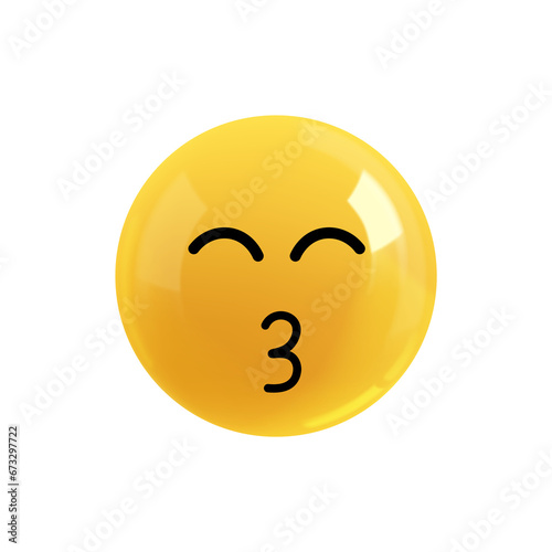 Emoji face kiss. Realistic 3d design. Emoticon yellow glossy color. Icon in plastic cartoon style isolated on white background. PNG