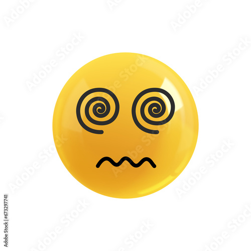 Emoji face dizziness. Realistic 3d design. Emoticon yellow glossy color. Icon in plastic cartoon style isolated on white background. EPS
