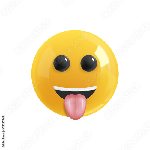 Emoji face funny shows tongue. Realistic 3d Icon. Render of yellow glossy color emoji in plastic cartoon style isolated on white background. EPS