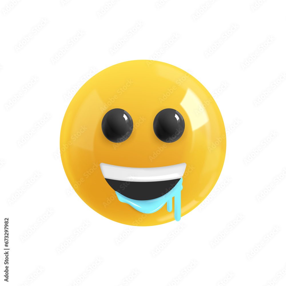 Emoji face drooling with happiness. Realistic 3d design. Emoticon yellow glossy color. Icon in plastic cartoon style isolated on white background. Emoji face drooling with happiness. Realistic 3d design. Emoticon yellow glossy color. Icon in plastic cartoon style isolated on white background.