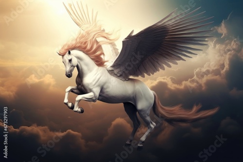 pegasus  a mythological animal  a horse with wings  gallops against the sky  Generative AI