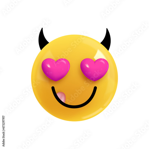 Emoji face devil fell in love. Realistic 3d Icon. Render of yellow glossy color emoji in plastic cartoon style isolated on white background. EPS