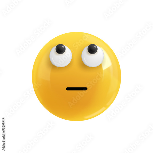 Emoji face looking up. Realistic 3d Icon. Render of yellow glossy color emoji in plastic cartoon style isolated on white background. EPS illustration