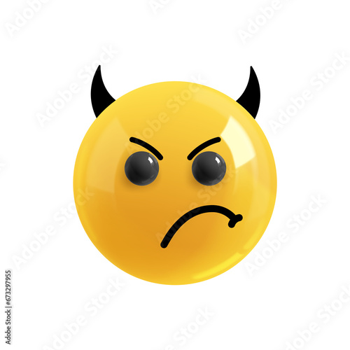 Emoji face evil upset. Emotion Realistic 3d Render. Icon Smile Emoji. PNG yellow glossy emoticons.